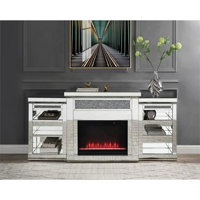 Modern Vanity Crushed Diamond Mirrored TV Stand Cabinet With Firebox
