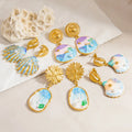 Ocean Holiday Beach Blue Sea Shell Pearl Pendant Earring 18K Gold Oil Painting Shell Earring Waterproof Stainless Steel Jewelry
