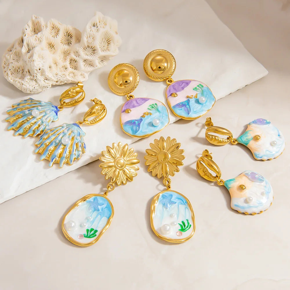 Ocean Holiday Beach Blue Sea Shell Pearl Pendant Earring 18K Gold Oil Painting Shell Earring Waterproof Stainless Steel Jewelry