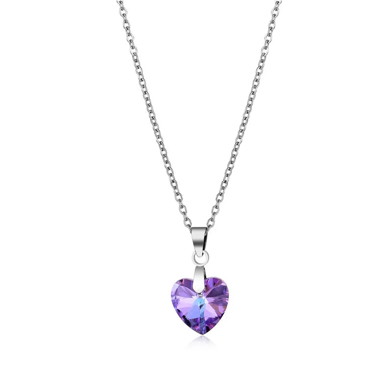 RisingMoon Titanium Stainless Steel Jewelry Crystal Pendant Necklace Diamond CZ Zircon Heart Rhinestone Necklace for Women Gift