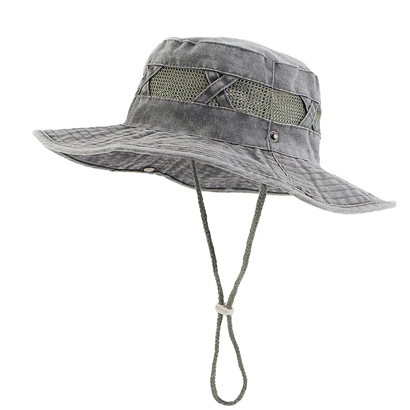 Wholesale Custom Logo Net Breathable Retro Washed Cotton Hat With Elastic Strap Bucket Fishing Hiking Climbing Hat for Women Men