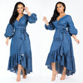 S-XXL Plus Size Summer Long Denim Maxi Dress Women Jean Ladies Long Sleeve Casual Backless Dresses