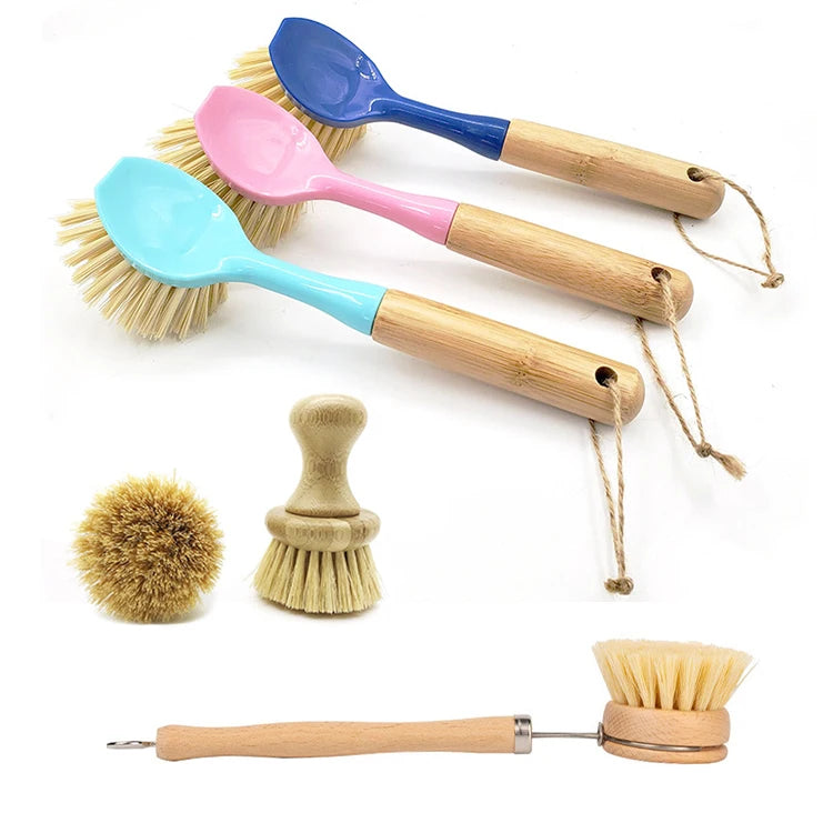 Custom Natural Color Eco-Friendly Long Handle Kitchen Cleaning Brush Bamboo Plastic Nylon Lanyard Super Cleaning Ability