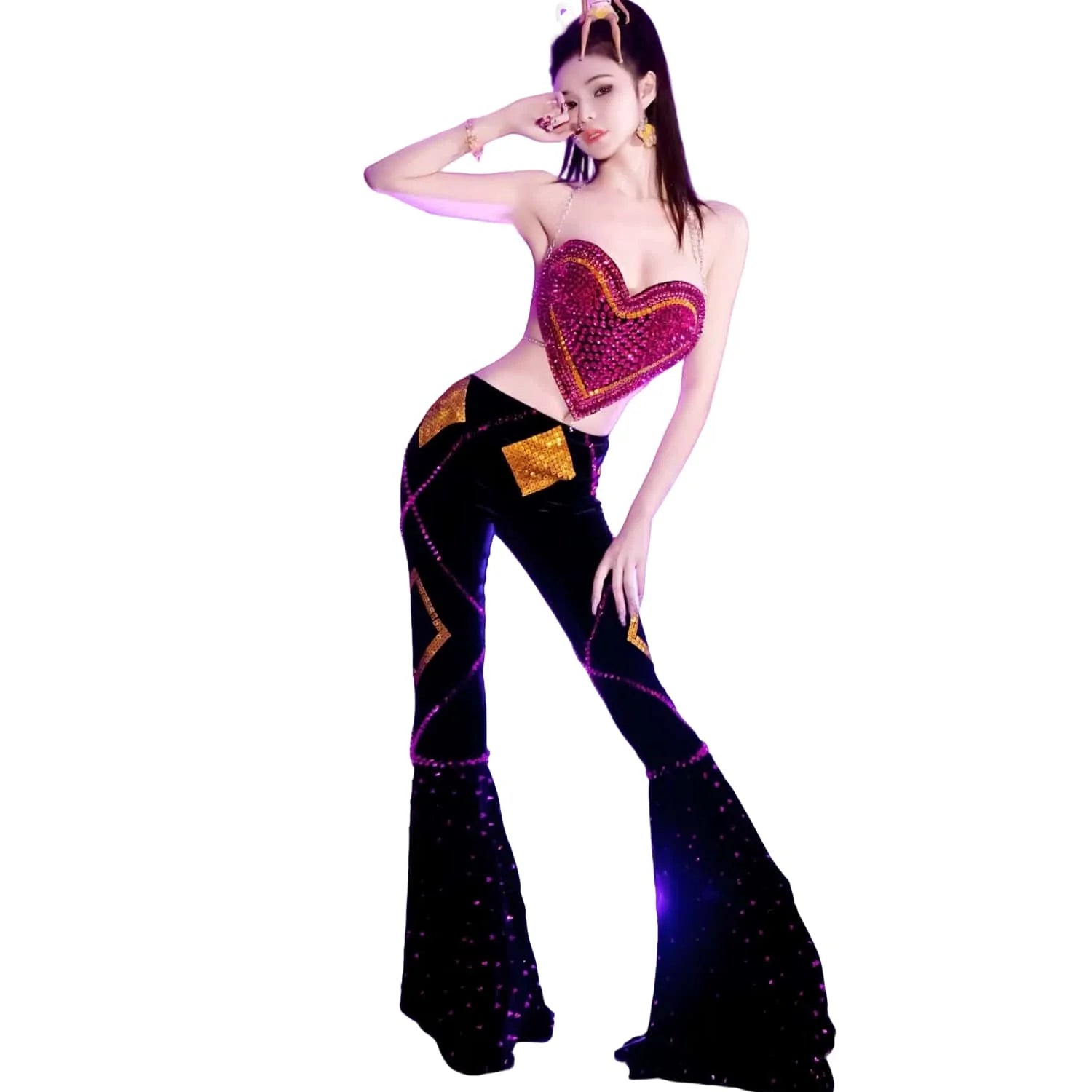 Vintage Heart Rhinestone Corset Bell-bottoms 2 Piece Set Women Hippie Stage Performance Outfits Festival Outfit Dancer Costumes