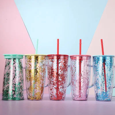Wholesale 800ml Plastic Water Bottle clear Glitter Coffee Mug Cup Double Wall clear Acrylic Tumbler with Straw