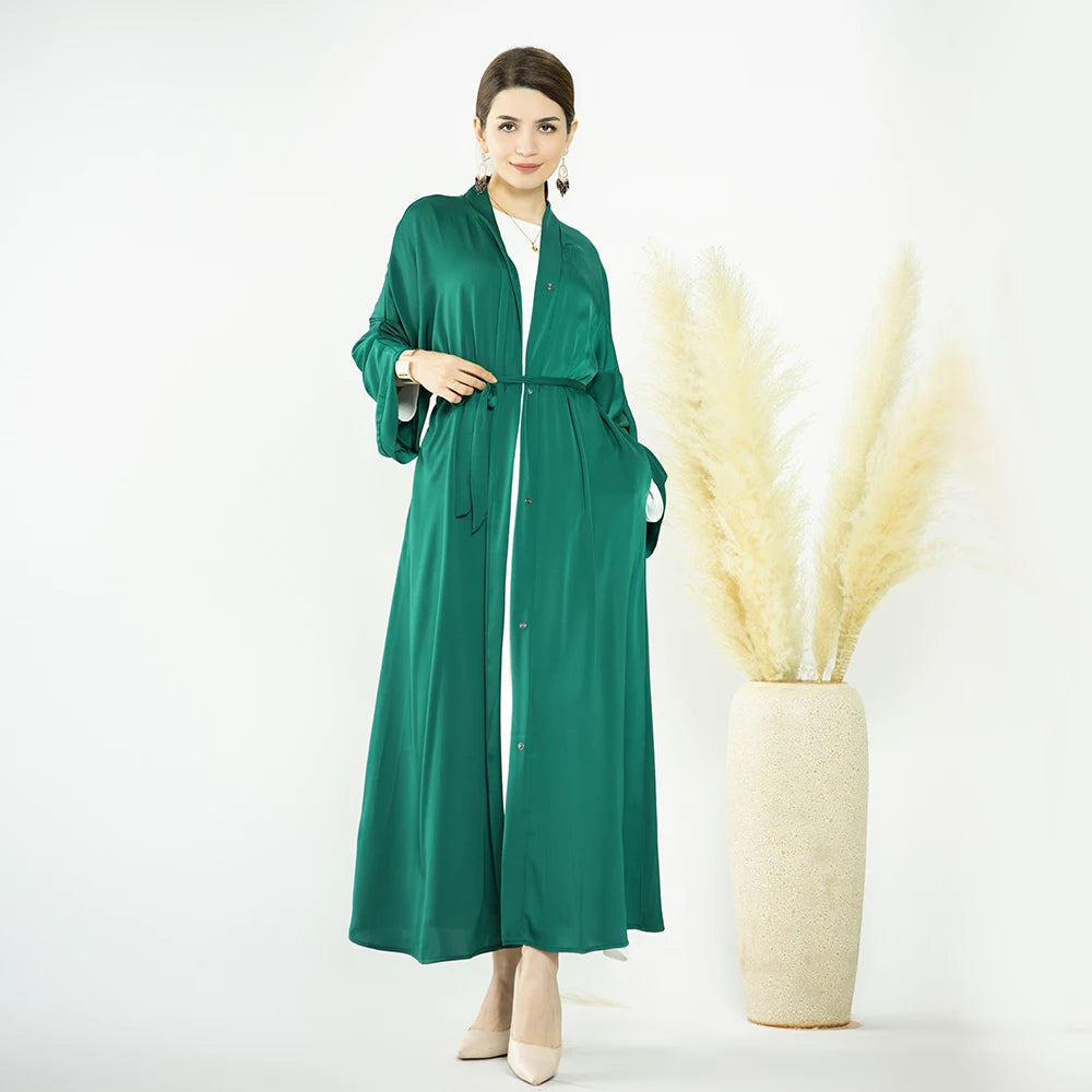 Loriya 2023 Modest Dresses Solid Colors Satin Open Abaya With Side Pockets Muslim Women Abaya Islamic Clothing