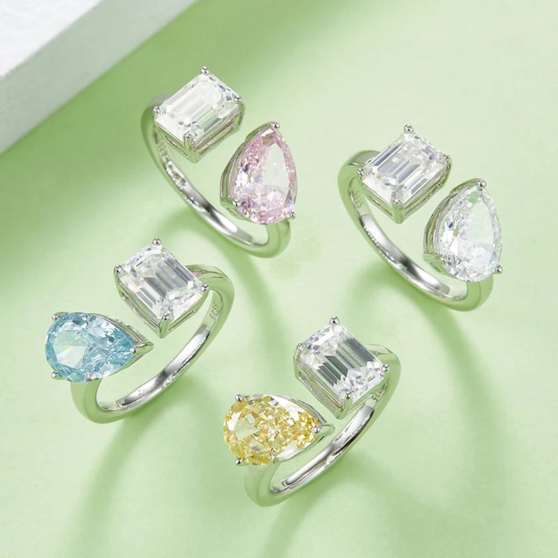 Abiding Woman Jewelry Silver Crushed Ice Diamond Trendy Toi Et Moi Ring Emerald Cut GRA Certified Moissanite Rings