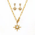 JOOLIM High End 18K Gold Plated Stainless Steel Paper Pin Starburst Zirconia Pave Pearl Pendant Necklace Bracelet Set