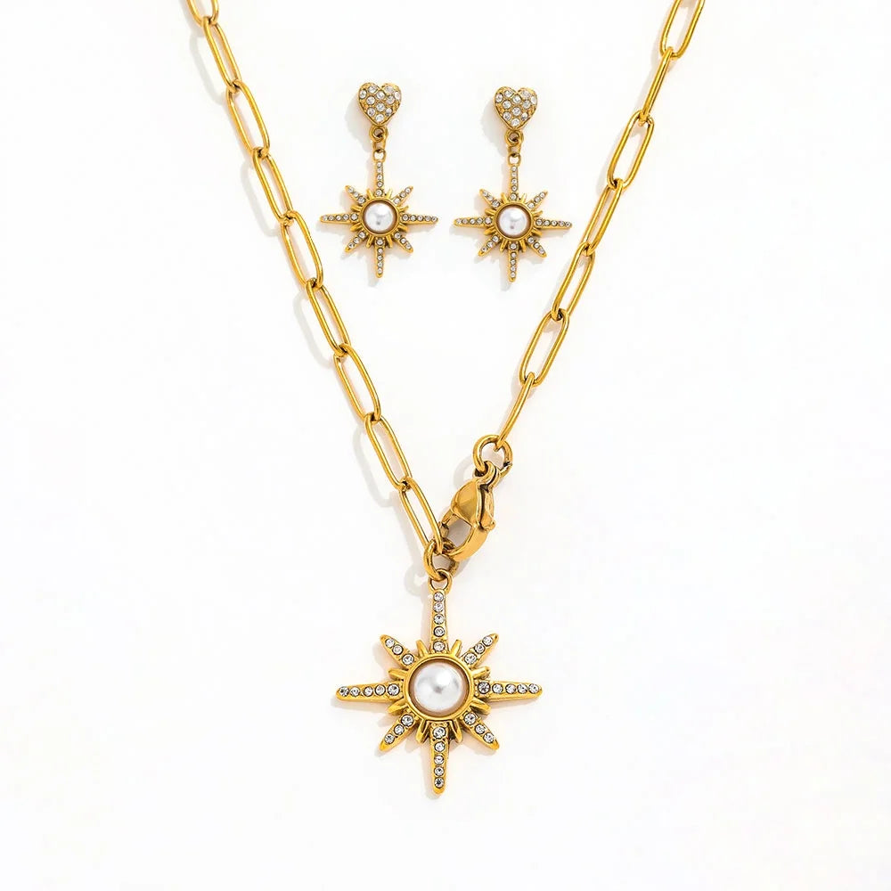 JOOLIM High End 18K Gold Plated Stainless Steel Paper Pin Starburst Zirconia Pave Pearl Pendant Necklace Bracelet Set
