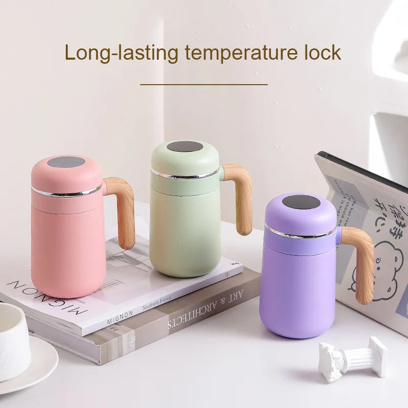 Custom New 480ml 316 Stainless Steel Smart Insulation Cup Smart Display Temperature Office Coffee Mugs with Wood Grain Handle