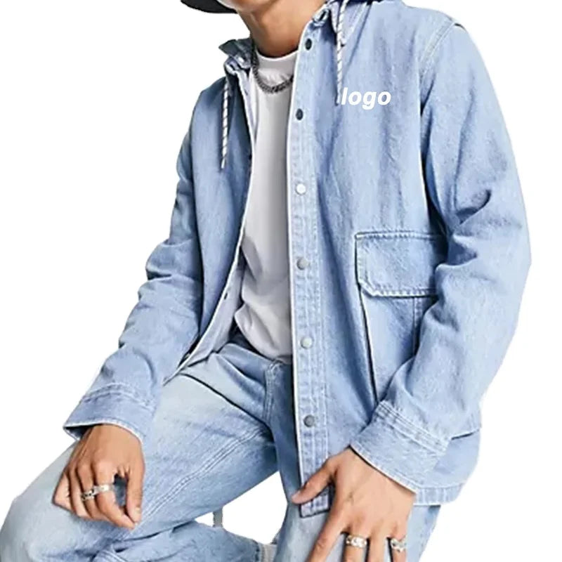 New Design Oversize Hooded Denim Blue Stylish Line Pockets Men's Jean Jacket With Hoodie