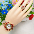 Hot Selling Trendy Gold Plated Rhinestones Pointer Ladies Sports Watch Charming Full Diamond Number Quartz Watch Ring Set