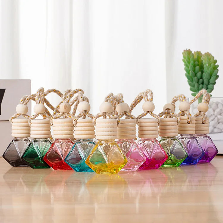 Wholesale 8ml Diamond Shape Hanging Car Essential Oil Fragrance Diffuser Colorful Empty Glass Perfume Bottle Screen Printing
