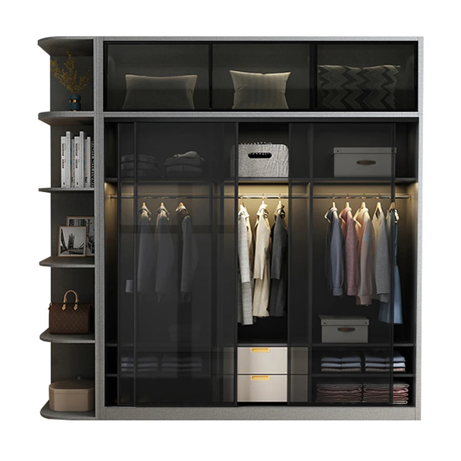 Modern Design Sliding Glass Door LED Light Wardrobe Clothes Storage Closet Wardrobes Cabinet