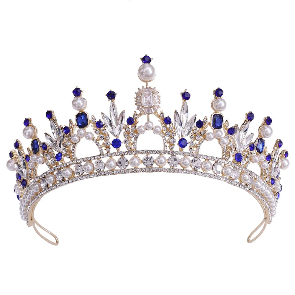 2022 Baroque Color Crystal Rhinestone Pearl Women Hair Jewelry Headdress Queen Princess Golden Pageant Zircon Crown Tiaras