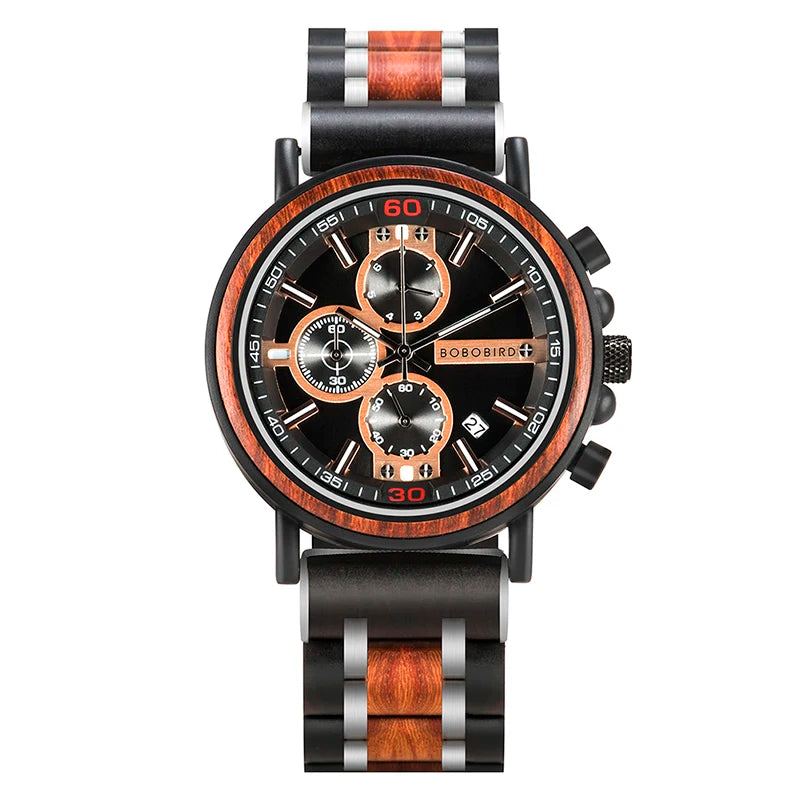 BOBO BIRD Custom Men's Wristwatches Chronograph Japan Quartz Movement Stainless Steel Band Fashion Wooden Watches