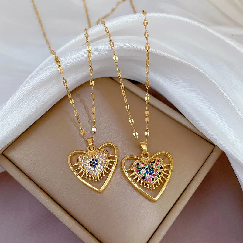 Double Love Heart Rhinestone Pendant Necklace Jewelry Stainless Steel Hollow Peach Heart Pendant Necklace