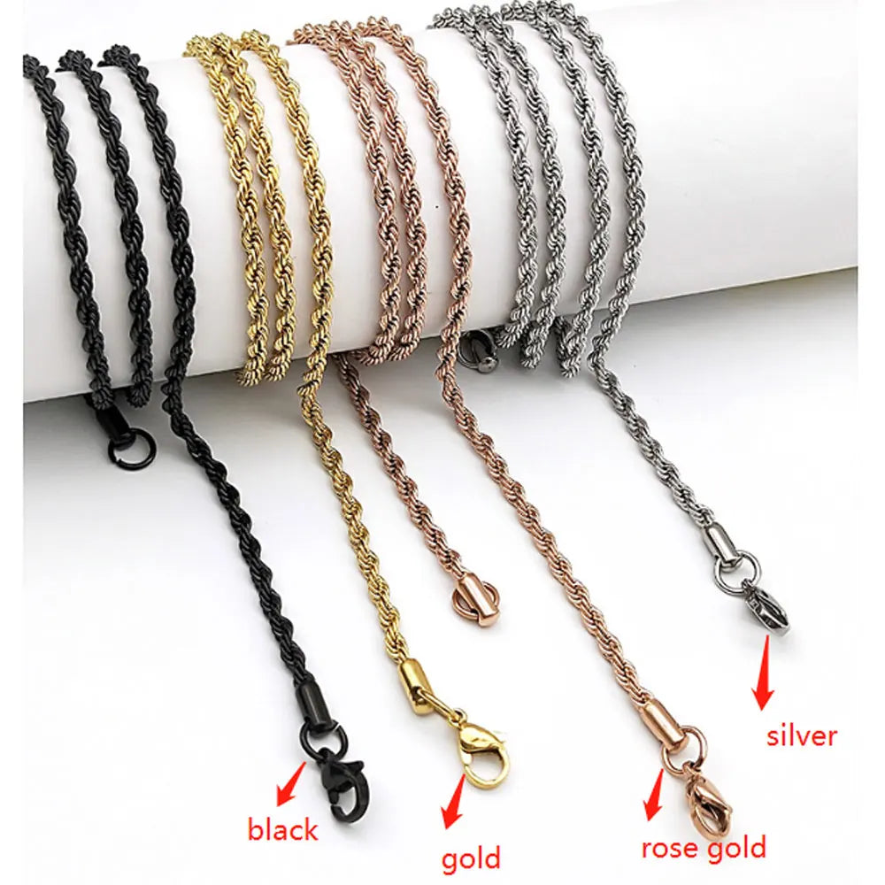 Wholesale Stainless Steel Gold Silver Black and Silver Twist Twisted Chain Necklace or for Pendant 3mm Thick Full Lengths