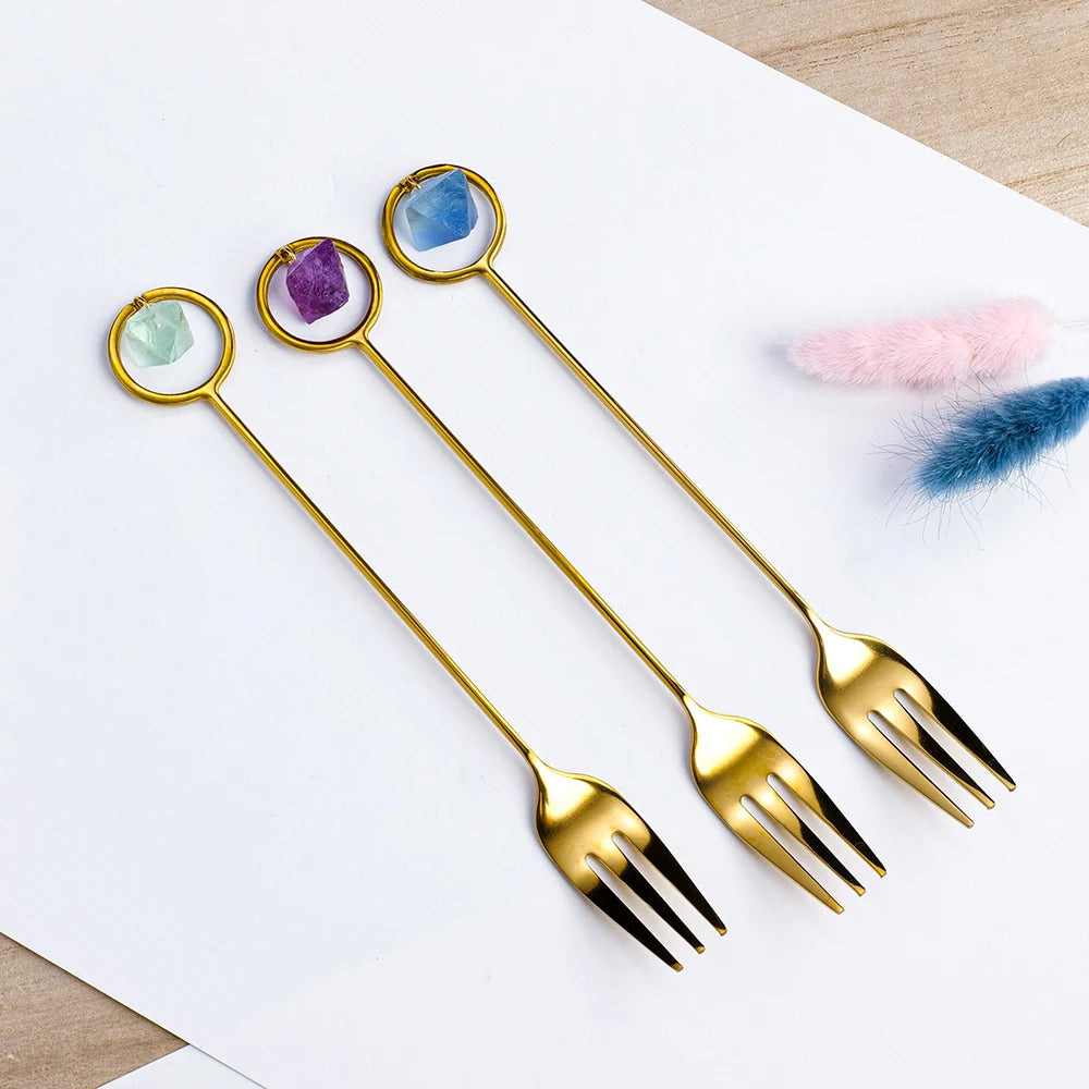 Natural Crystal Tableware with Special Design Healing Gemstone Fork with Crystal
