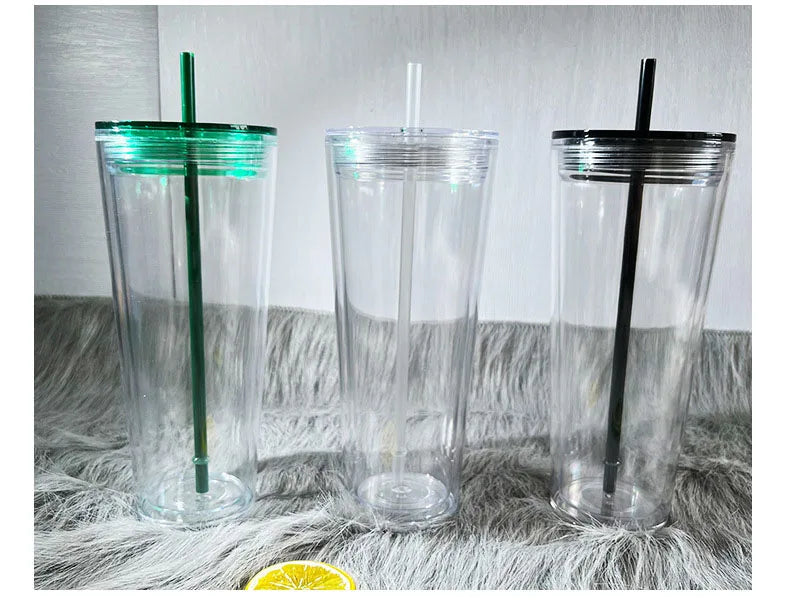 Hot selling Custom 710ml wholesale double wall tumbler plastic clear snowglobe tumblers cups with lid and straw
