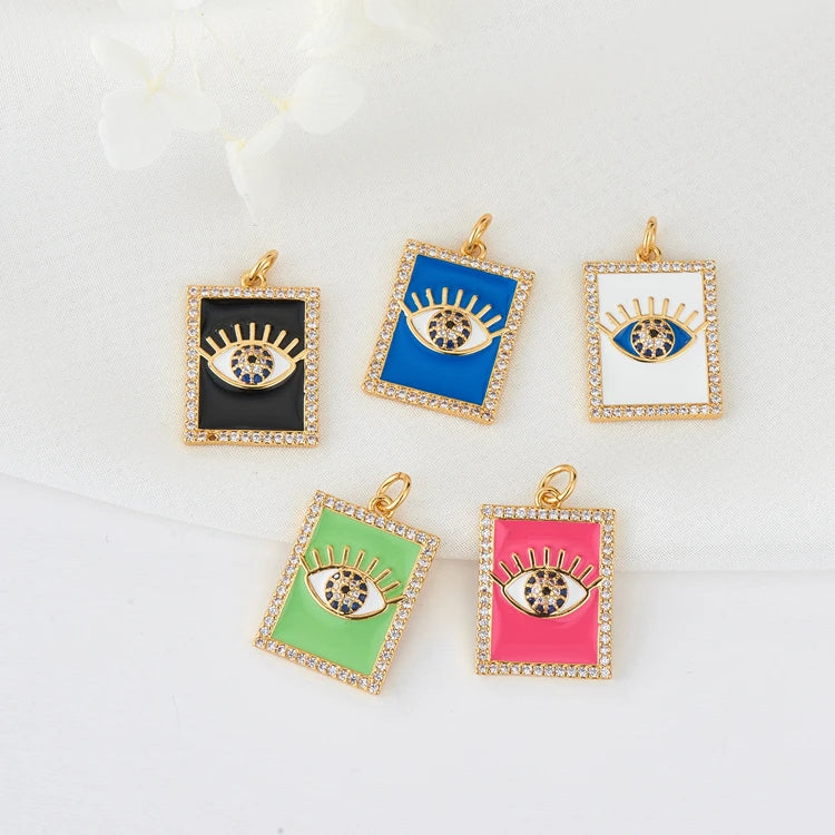 Color Dripping Oil Evil Eye Enamel Charm 14K Gold Rectangle Necklace Pendants