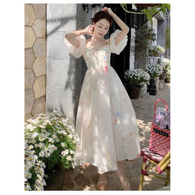 News 2023 Summer Temperament Sweet Dress Off Shoulder Short Puff Sleeve Floral Dress Slim V Neck Halter Holiday Dress