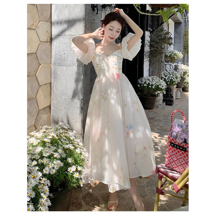 News 2023 Summer Temperament Sweet Dress Off Shoulder Short Puff Sleeve Floral Dress Slim V Neck Halter Holiday Dress