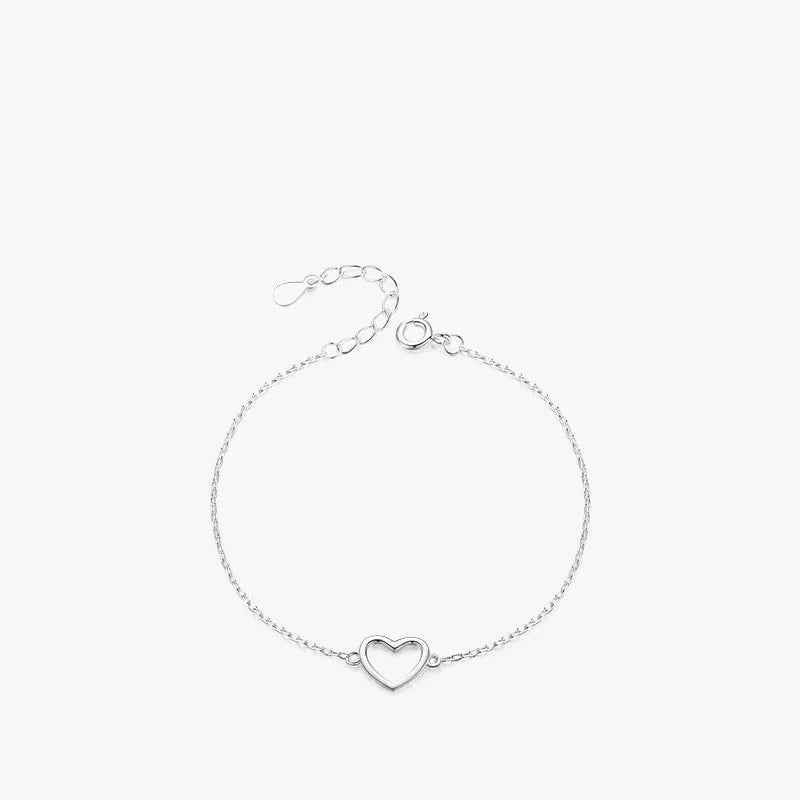 Korean Fashion Simple Pure 925 Sterling Silver INS Hollow Heart Charm Bracelets for Women Girls