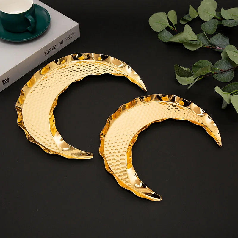 Small EID Mubarak Tray Moon Shaped Ramadan Metal Dessert Tray Ramadan Eid Plate Serving Tray