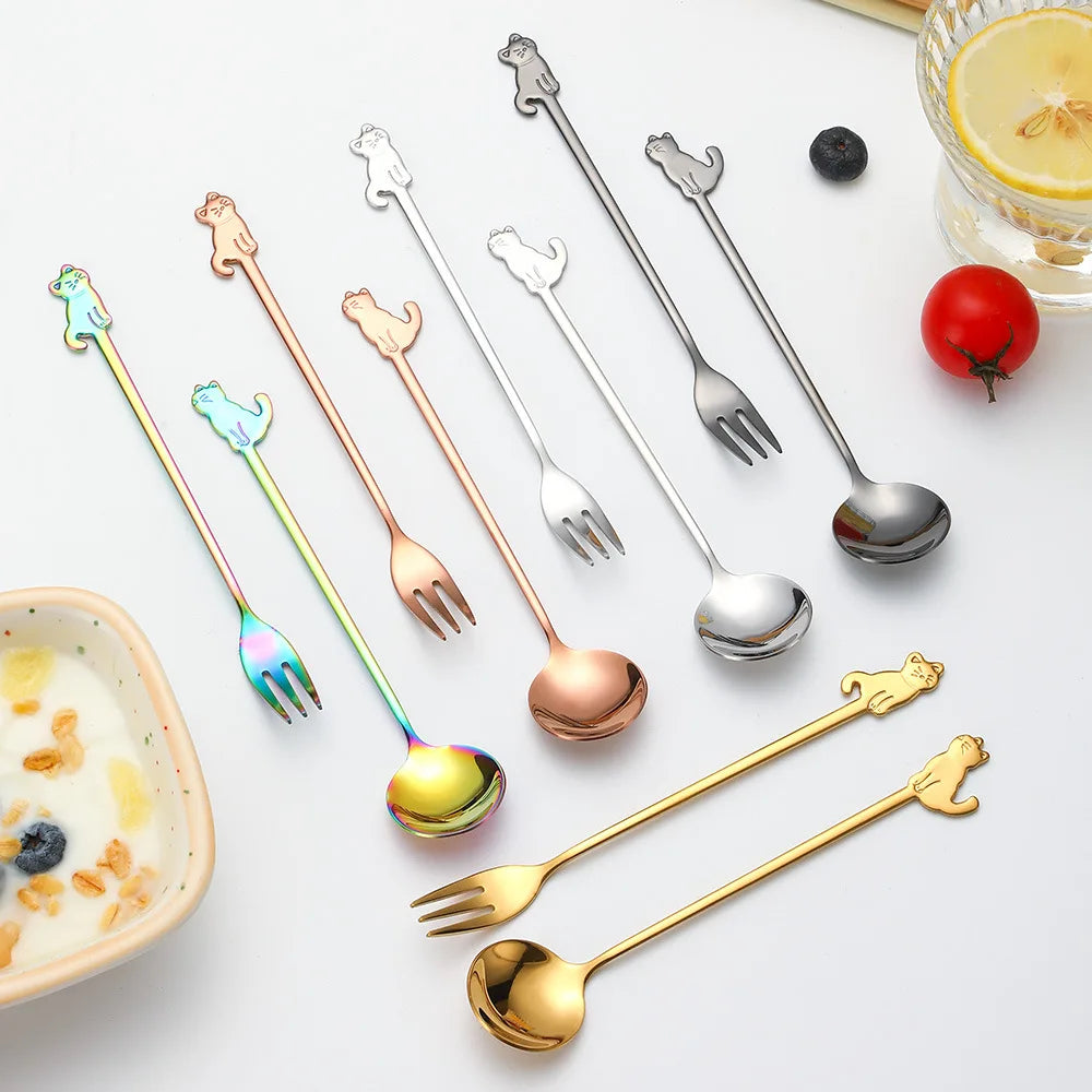 Creative Cat Spoon 304 Stainless Steel Flatware Cute Coffee Spoon Silverware Dessert Spoon Fork Cutlery