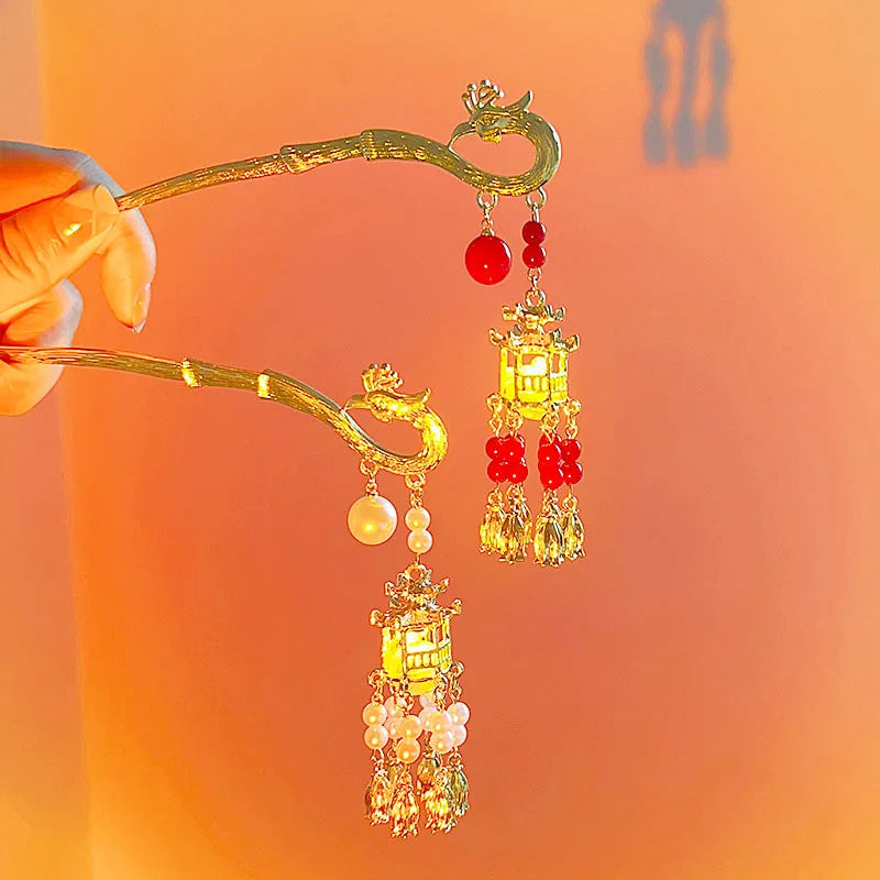 Chinese Style Luminous Lantern Pearl Fringe Hair Clip Hairpins Flower Tassel Hair Chopsticks Retro Handmade Luxury Clip Sticks