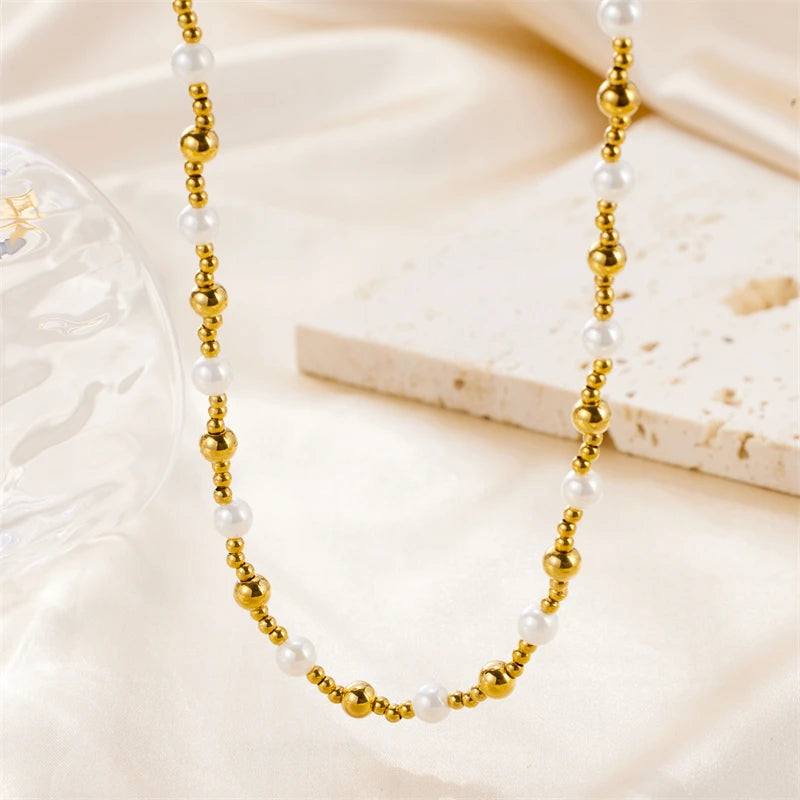 New French Style Tarnish Free Baroque Beaded Necklace Women's 18K PVD Gold Plated Stainless Steel Beads Chain Necklace Wholesale