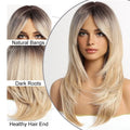 FUJIA Ombre Blonde Wigs with BangsShoulder Length Ash Blonde Wig for Women Layered Wigs Dark Roots Synthetic Wigs for Daily