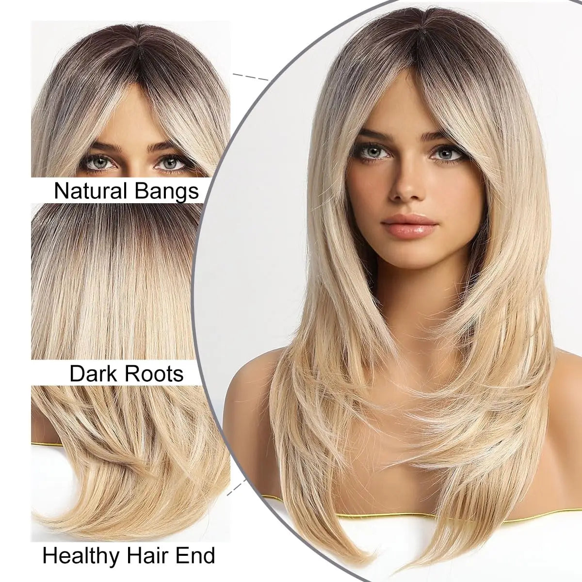 FUJIA Ombre Blonde Wigs with BangsShoulder Length Ash Blonde Wig for Women Layered Wigs Dark Roots Synthetic Wigs for Daily