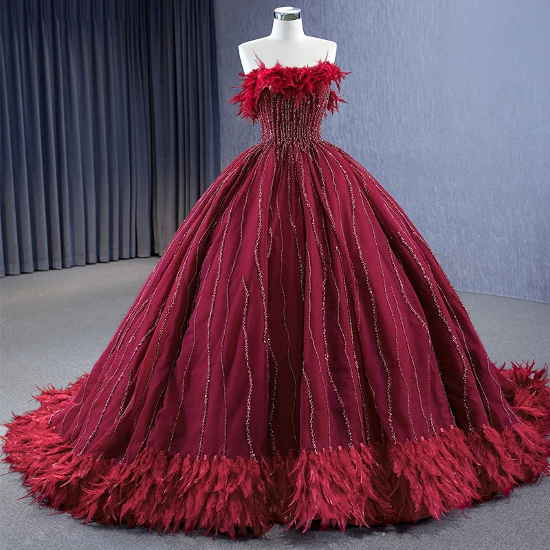 Vintage Elegant Feather Boat Neck Party Formal Evening Gowns Dresses for Women Jancember Rsm222232