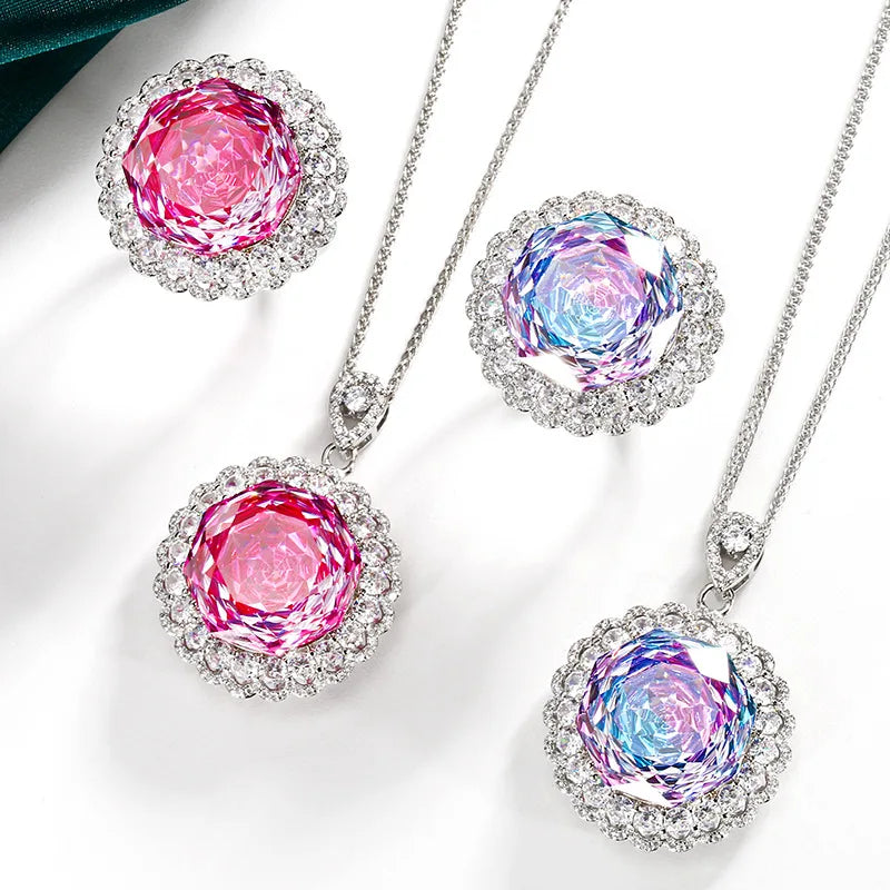 Luxury Retro 18 * 18mm Zircon Necklace Ring Set Fashion Jewelry Wedding Banquet Women's Gift