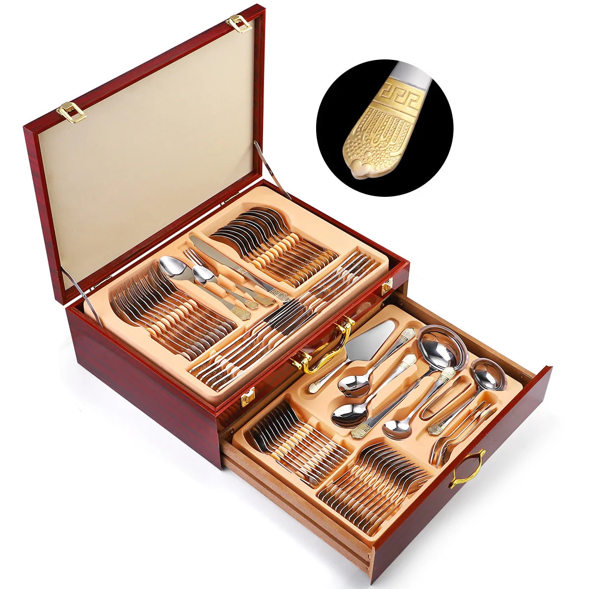 Luxury Stainless Steel 72pcs 84pcs Cutlery Set Silverware Flatware Serving Set Wooden Box
