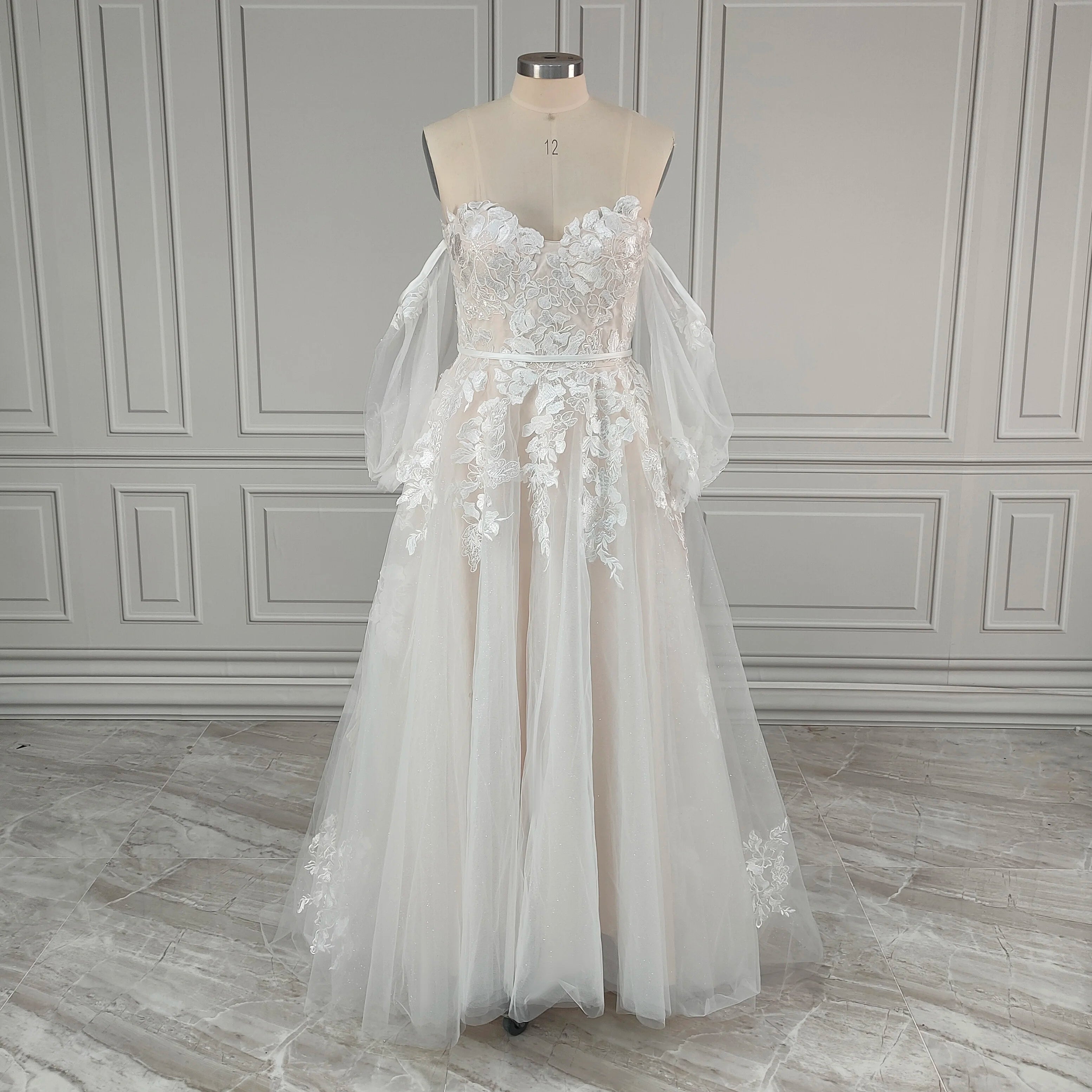 Real Photos Dream Off Shoulder Appliques Sequined Lace A-line Wedding Dress Glittery Tulle Sweep Train Bride Gown for Women