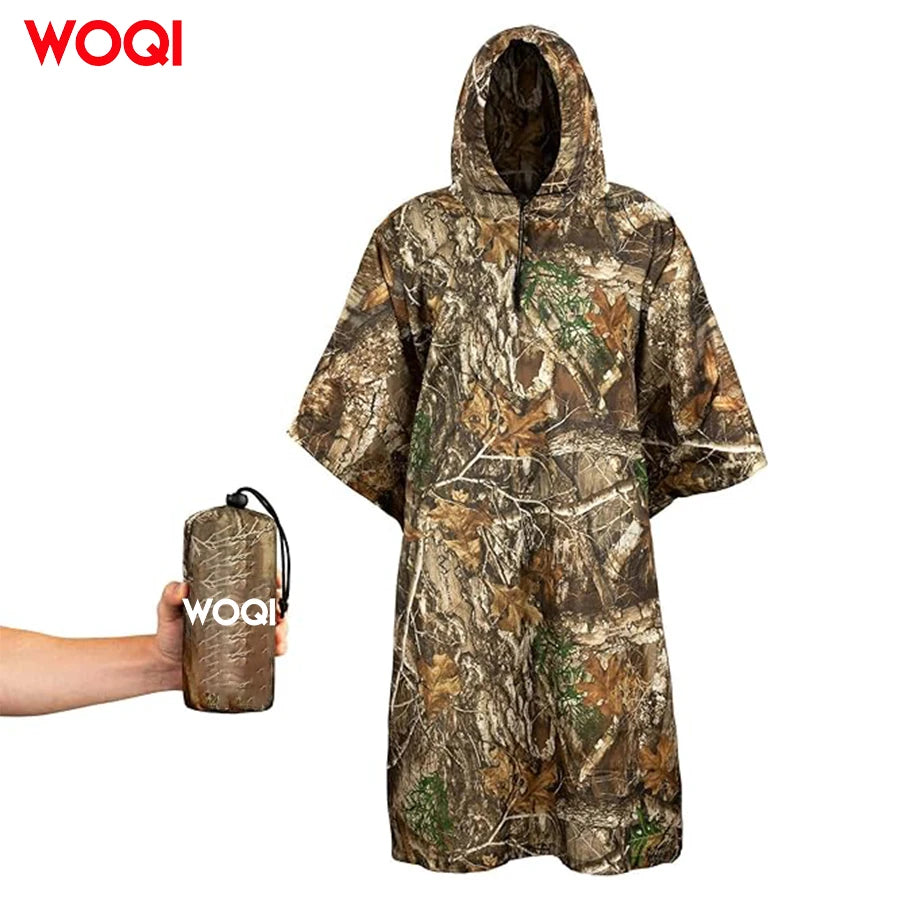 WOQI Adjustable Hood Raincoat Reusable Nylon Camouflage Rain Jacket for Hunting Camping Sleep for Outdoor Hiking Clothing