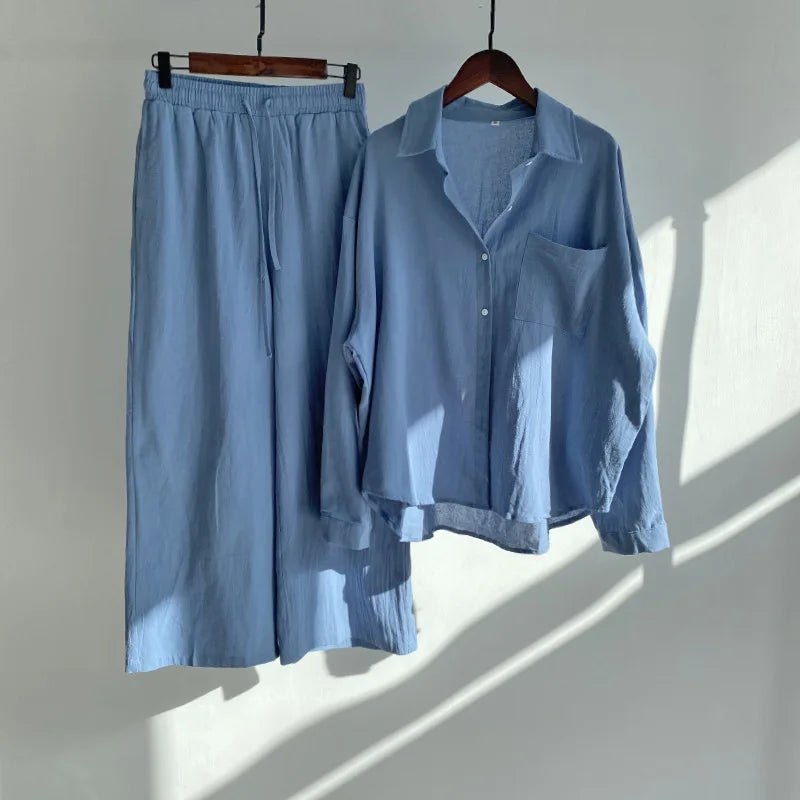 Women's 2-piece Set Retro Casual Plus Size Cotton Shirt + Long Pants Suits Elastic High Waist Straight Loose Trousers Suits MegaBDM