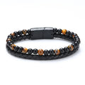 QIUHAN New Men  Alloy Leather Strap Double Layer Tiger Eye Natural Stone Bracelet