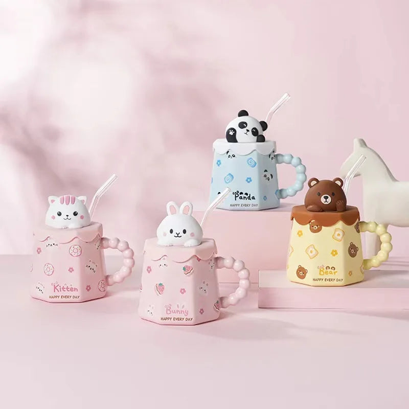 Solhui Creative 3d Cartoon Animal Head Ceramic Straw Mug Cute Ceramic Coffee Mug