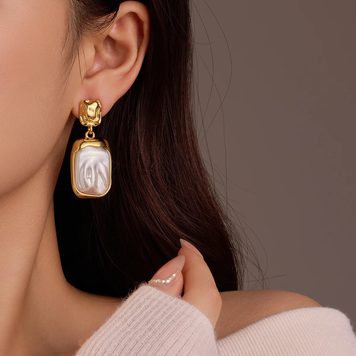 Waterproof 18K Gold Plated Stainless Steel Square Baroque Pearl Stud Earrings Jewellery for Women