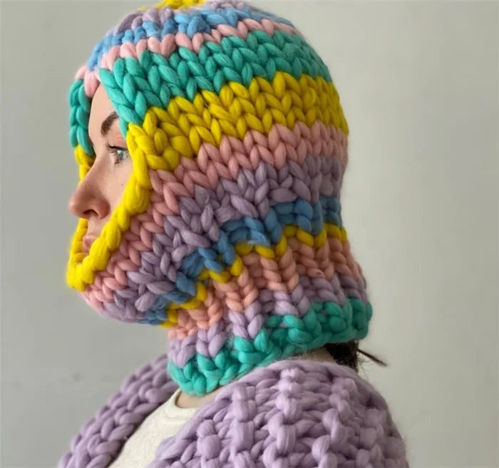 S9195 New 2023 Women Girls Chunky Warm Crochet Hood Mask Multi Colored Winter Balaclava Face Mask Hand Knitted Ski Mask