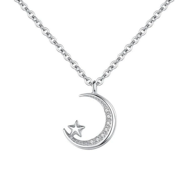 Fashion Moon Star Pendant 925 Sterling Silver CZ Diamond Necklace for Women Girls
