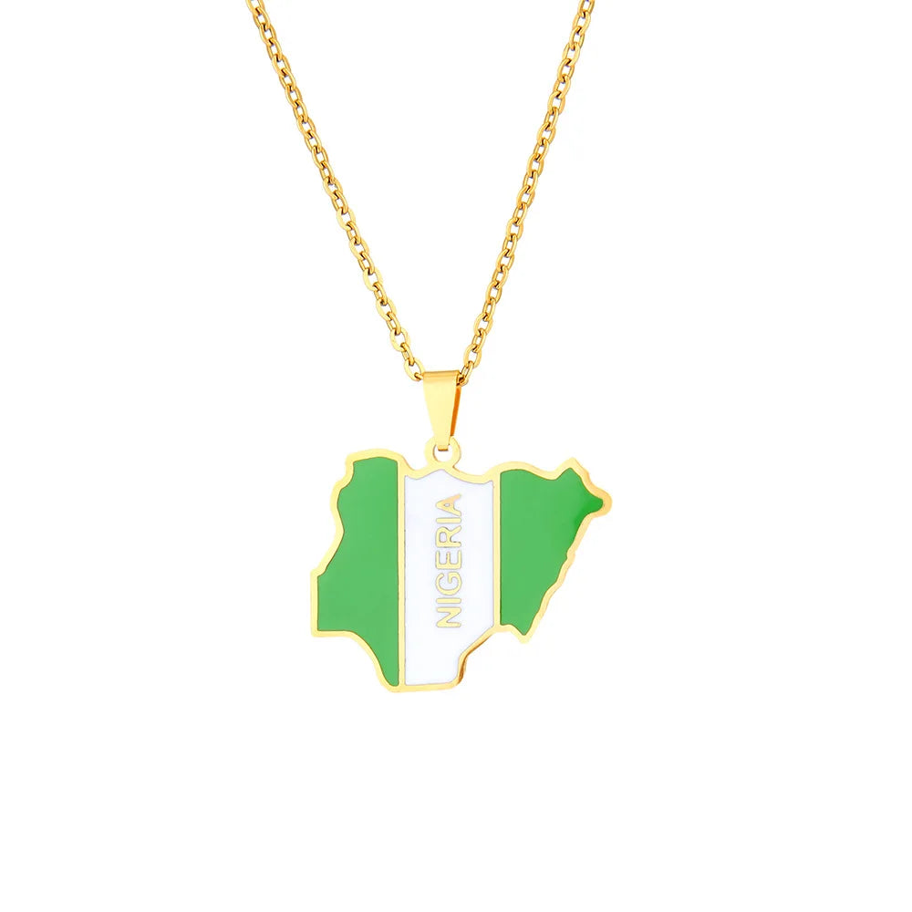 Colorful Country Flag Stainless Steel Nigeria Map Necklace Women Men