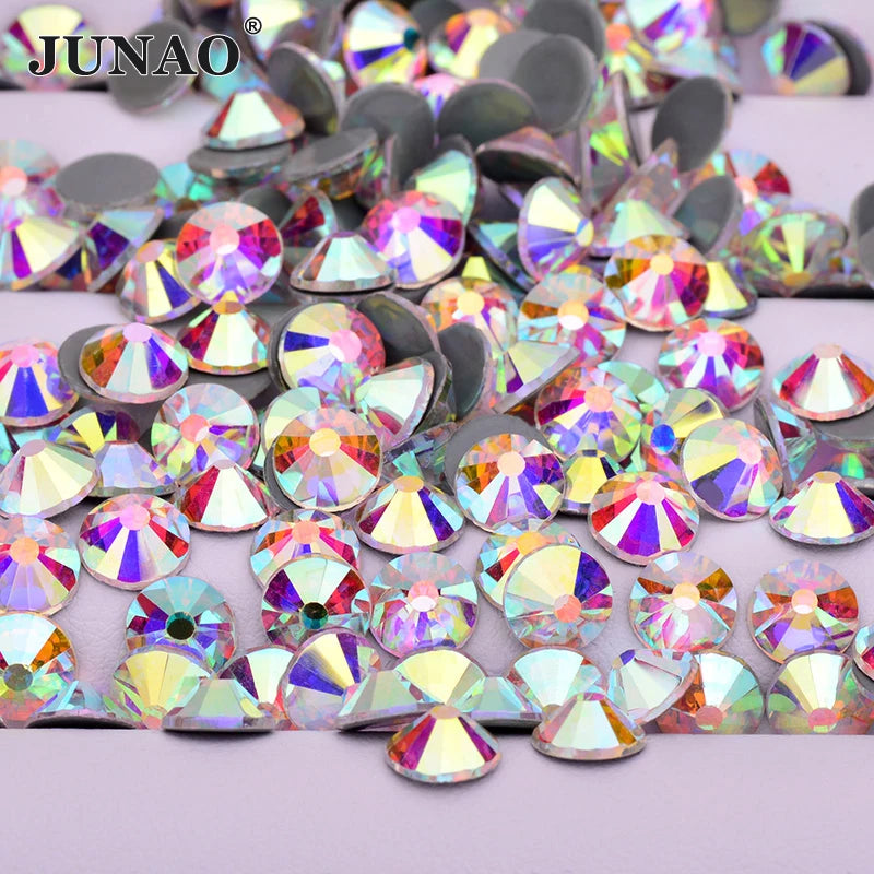 JUNAO SS8 SS10 SS12 SS16 SS20 Crystal AB Rhinestone Round Strass Applique Iron on Sliver Hotfix Rhinestones