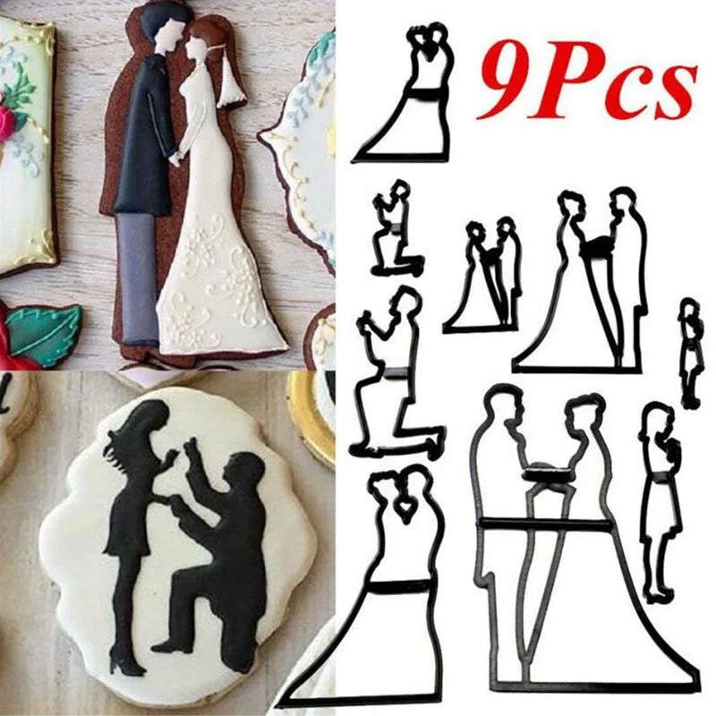 9Pcs Set Cookie Cutter of Bride Groom Couples Silhouette Wedding Cake Fondant Mold Tools for Birthday Valentine's Party