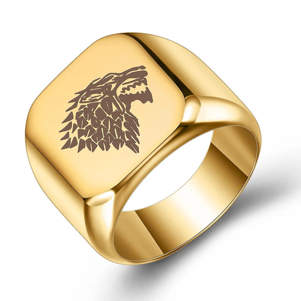 Punk Hip Hop Anillos De Hombre Wolf Head Custom Signet Engraved Blue Black Stainless Steel Men Gold Ring