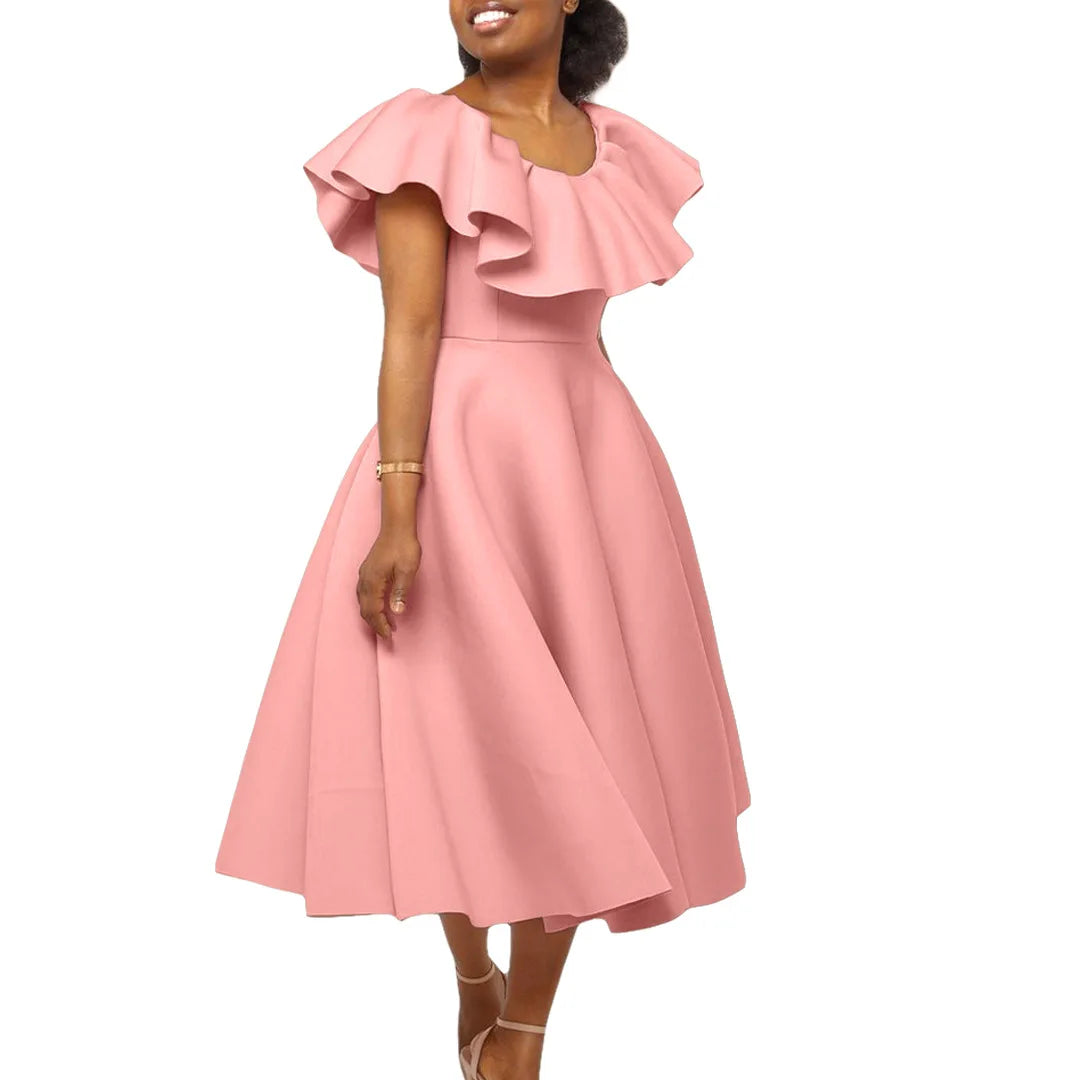 New Arrivals Summer Fashion Solid Color Casual Dress Women Ruffle NECK Plus Size Formal Office Dresses